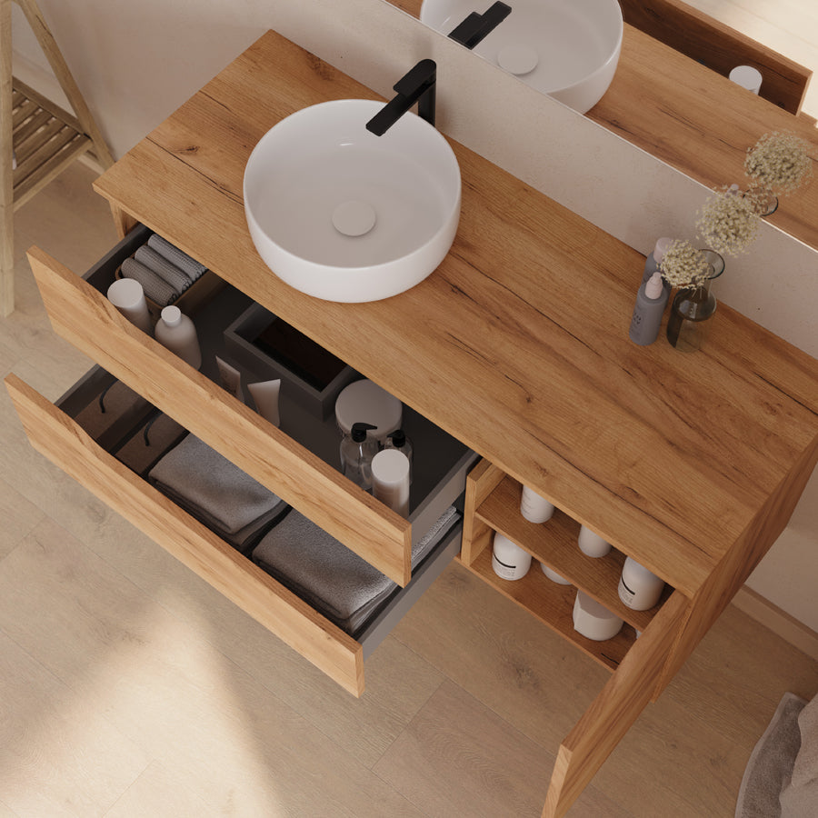 Meuble de salle de bain 120cm avec plateau, vasque à poser déportée à gauche Ares et miroir - 2 tiroirs et un placard - ZARZA