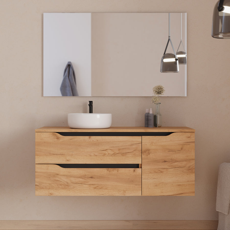 Meuble de salle de bain 120cm avec plateau, vasque à poser déportée à gauche Ares et miroir - 2 tiroirs et un placard - ZARZA