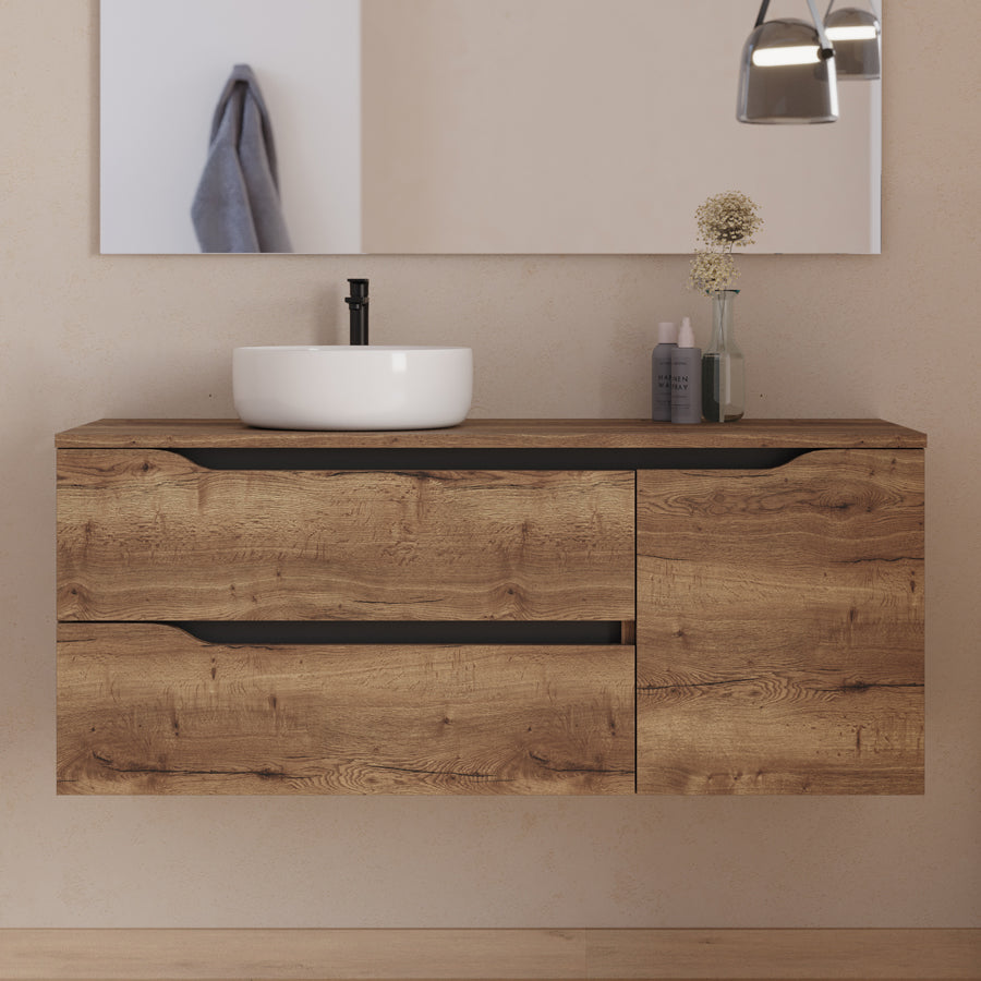 Meuble de salle de bain 120cm avec plateau, vasque à poser déportée à gauche Ares et miroir - 2 tiroirs et un placard - ZARZA