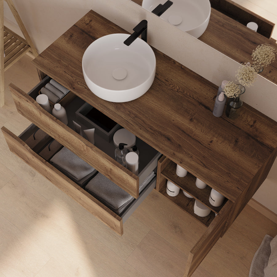 Meuble de salle de bain 120cm avec plateau, vasque à poser déportée à gauche Ares et miroir - 2 tiroirs et un placard - ZARZA