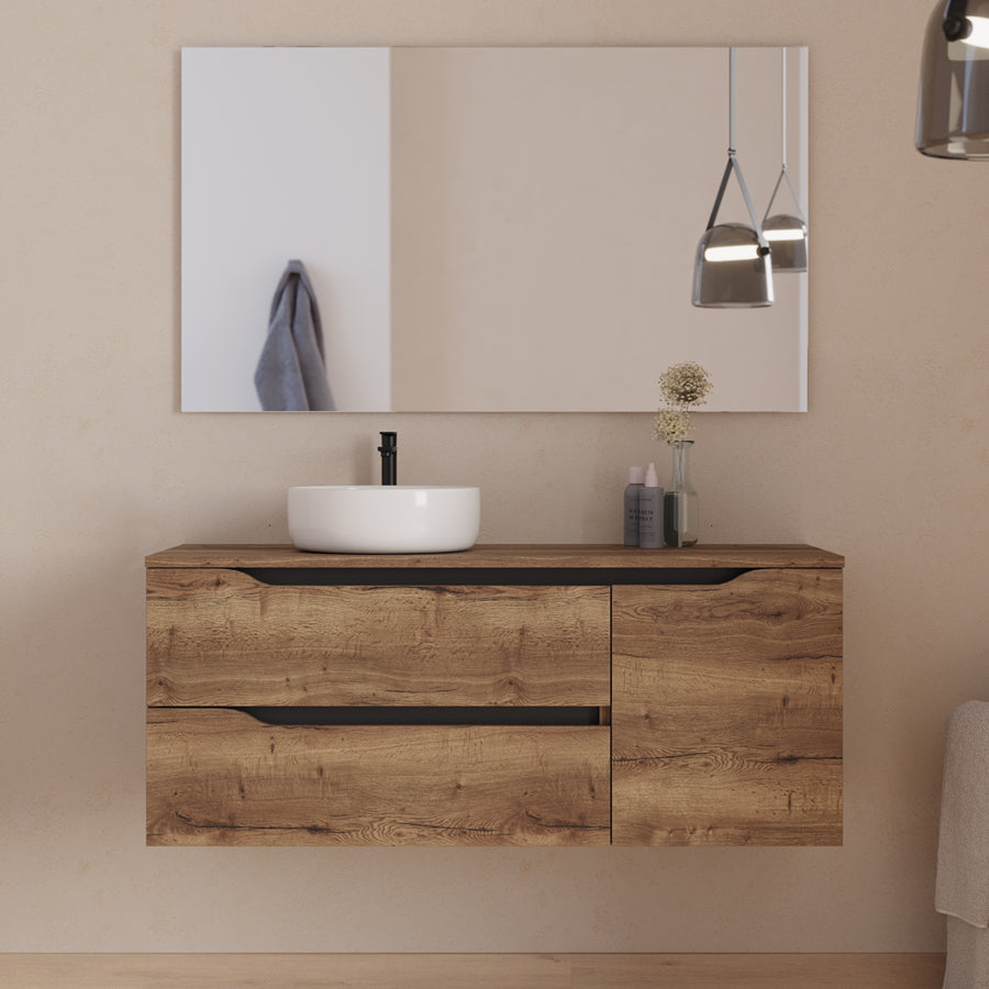 Meuble de salle de bain 120cm avec plateau, vasque à poser déportée à gauche Ares et miroir - 2 tiroirs et un placard - ZARZA