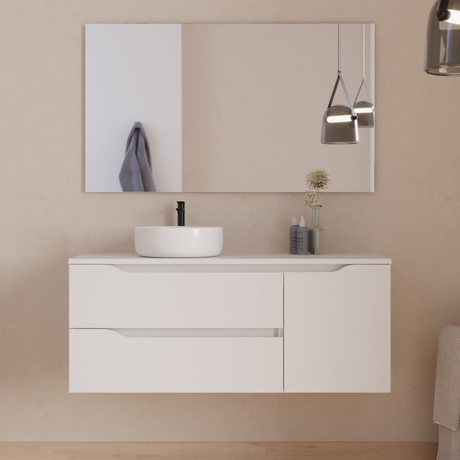 Meuble de salle de bain 120cm avec plateau, vasque à poser déportée à gauche Ares et miroir - 2 tiroirs et un placard - ZARZA
