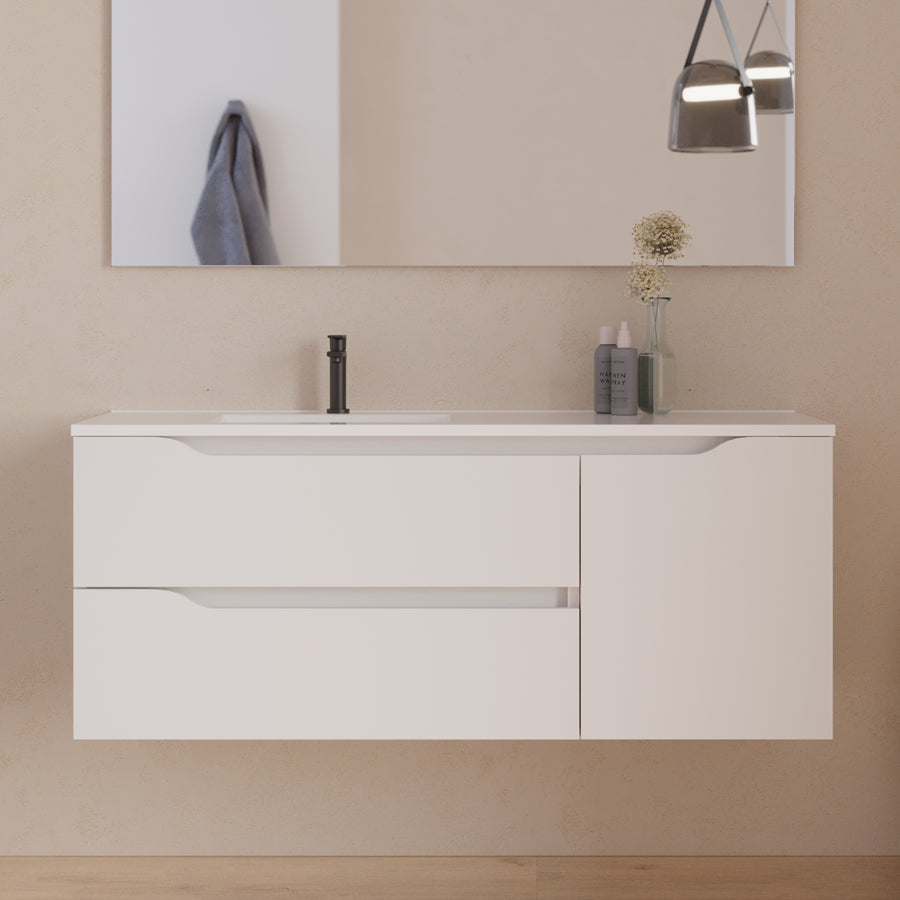 Meuble de salle de bain 120cm avec vasque déportée à gauche - sans miroir - 2 tiroirs et un placard - ZARZA