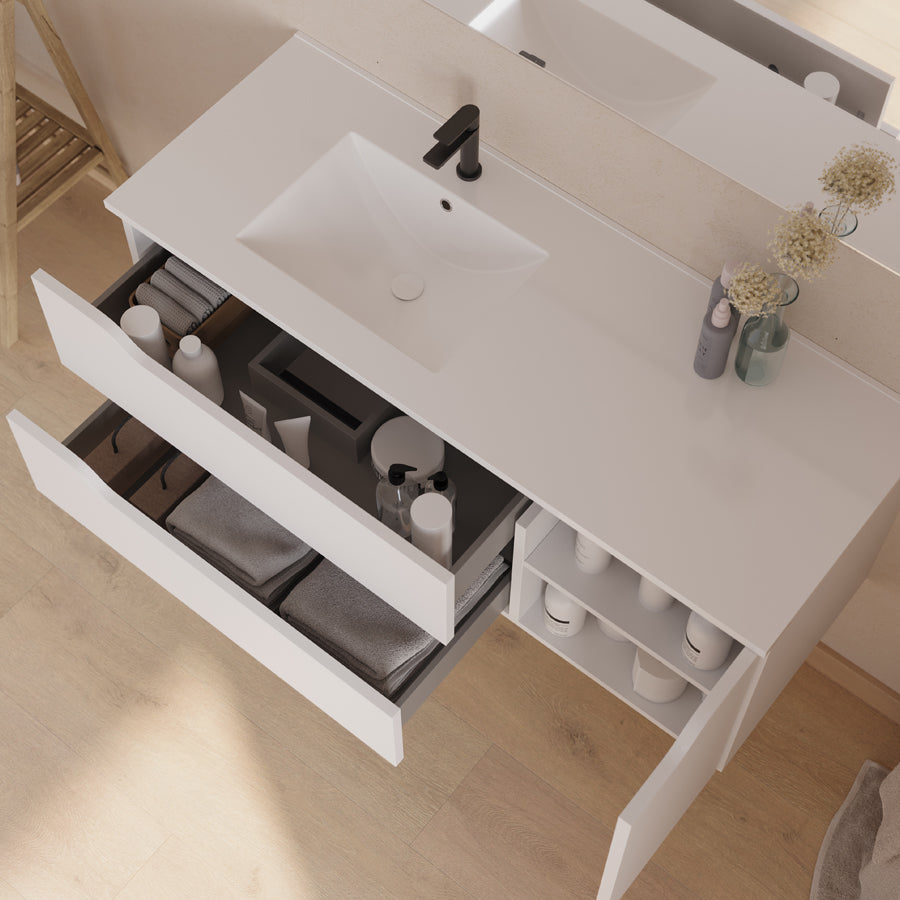 Meuble de salle de bain 120cm avec vasque déportée à gauche - sans miroir - 2 tiroirs et un placard - ZARZA