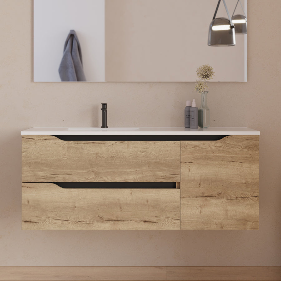 Meuble de salle de bain 120cm avec vasque déportée à gauche - sans miroir - 2 tiroirs et un placard - ZARZA
