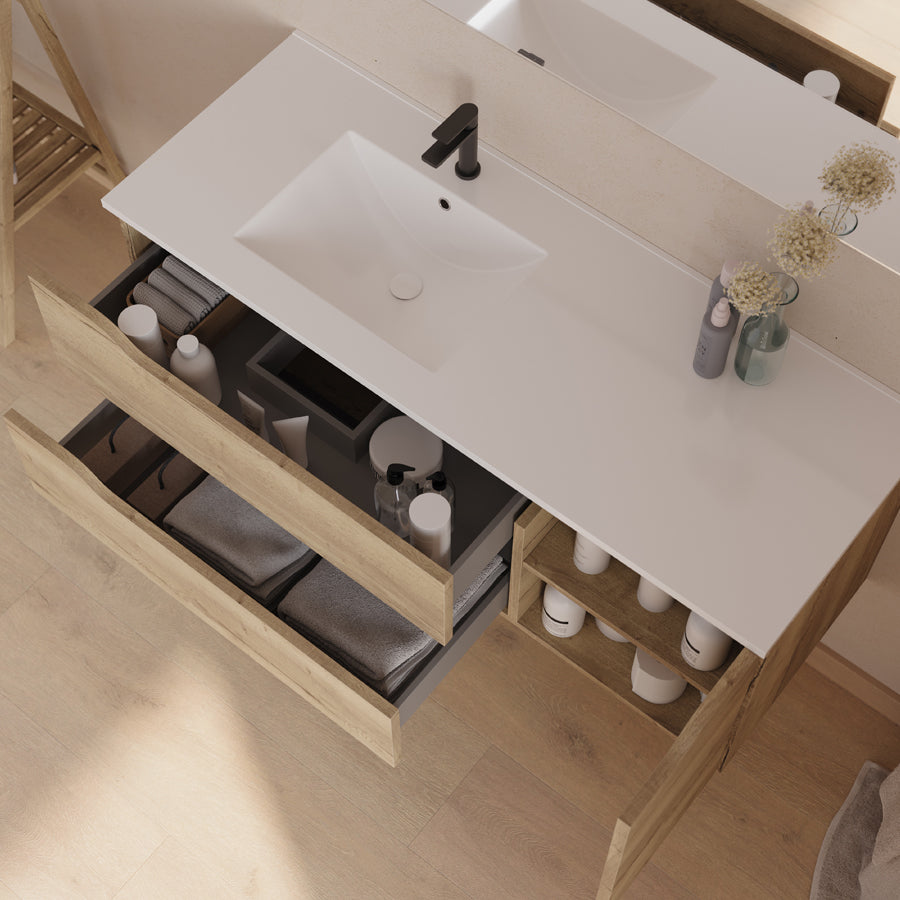 Meuble de salle de bain 120cm avec vasque déportée à gauche - sans miroir - 2 tiroirs et un placard - ZARZA