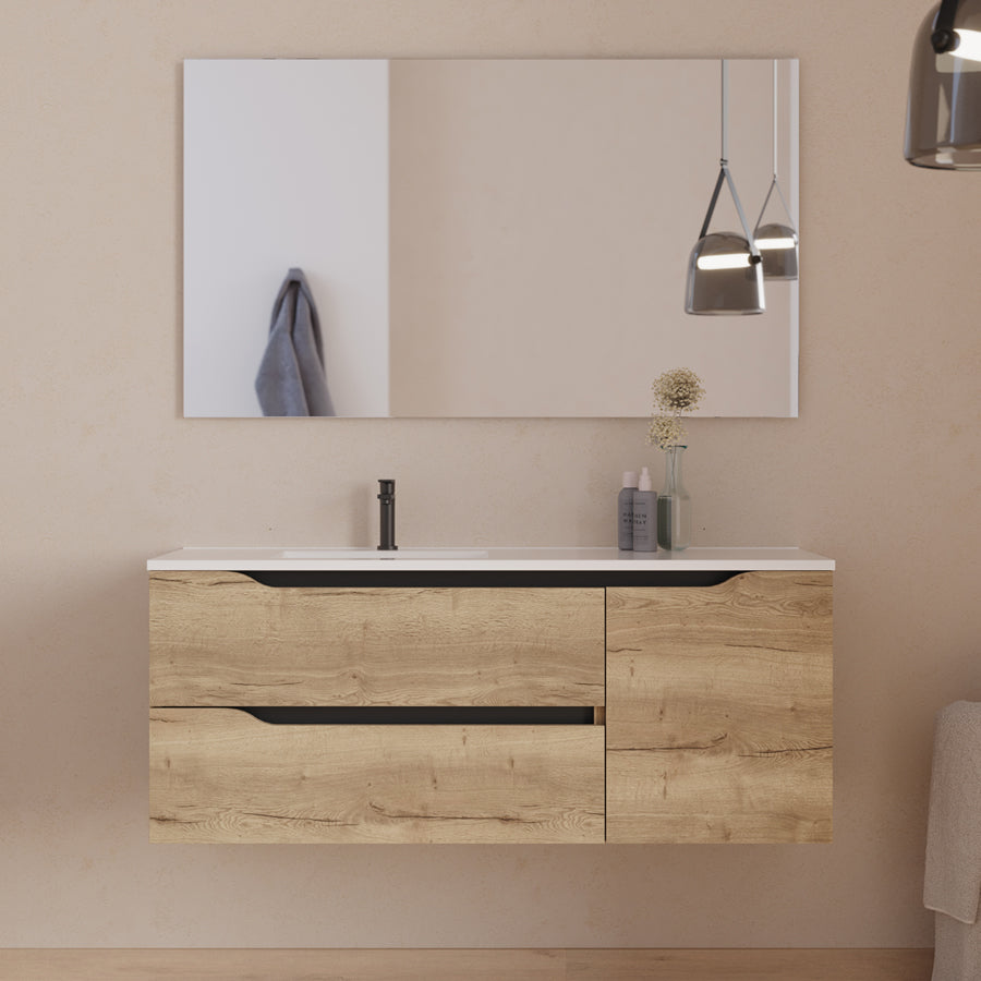 Meuble de salle de bain 120cm avec vasque déportée à gauche - sans miroir - 2 tiroirs et un placard - ZARZA