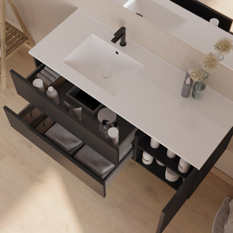 Meuble de salle de bain 120cm avec vasque déportée à gauche - sans miroir - 2 tiroirs et un placard - ZARZA