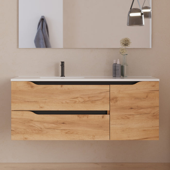 Meuble de salle de bain 120cm avec vasque déportée à gauche - sans miroir - 2 tiroirs et un placard - ZARZA