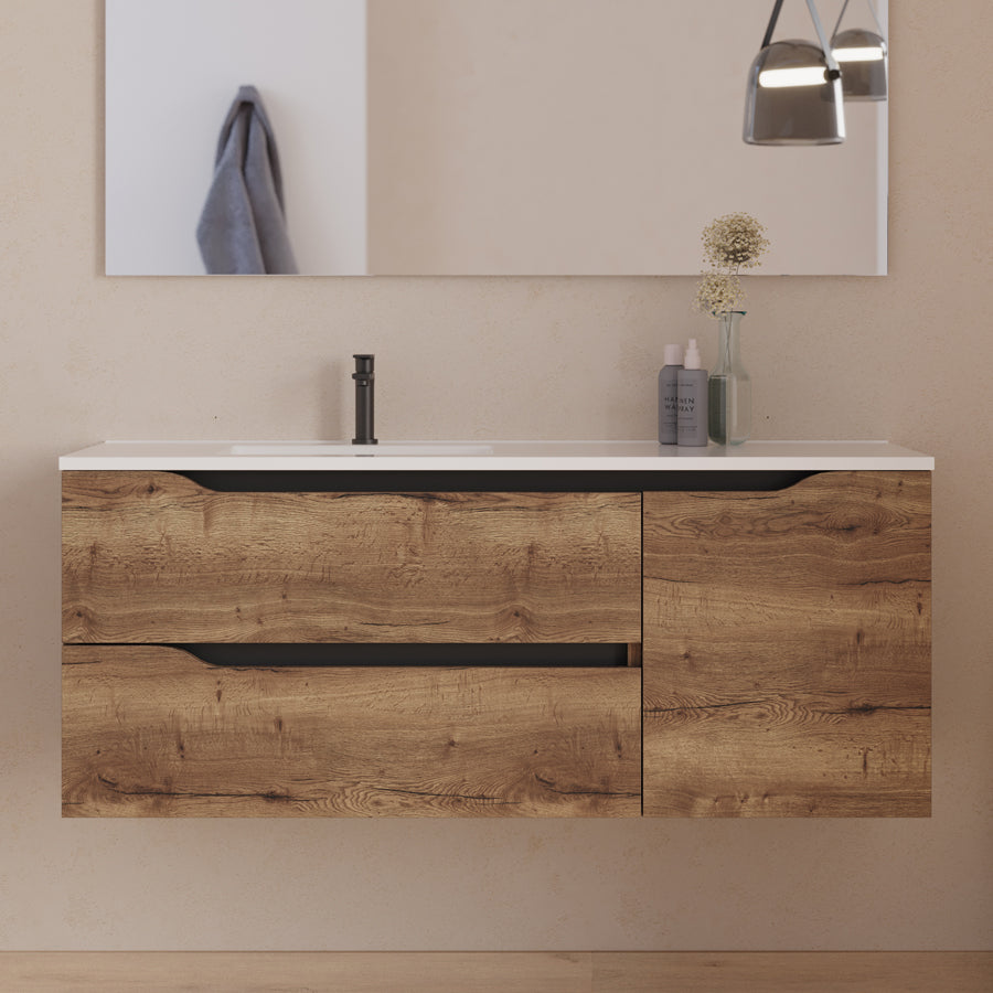 Meuble de salle de bain 120cm avec vasque déportée à gauche - sans miroir - 2 tiroirs et un placard - ZARZA