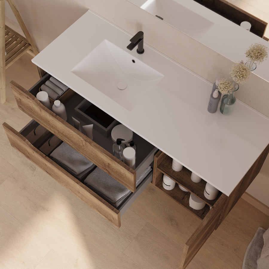 Meuble de salle de bain 120cm avec vasque déportée à gauche - sans miroir - 2 tiroirs et un placard - ZARZA