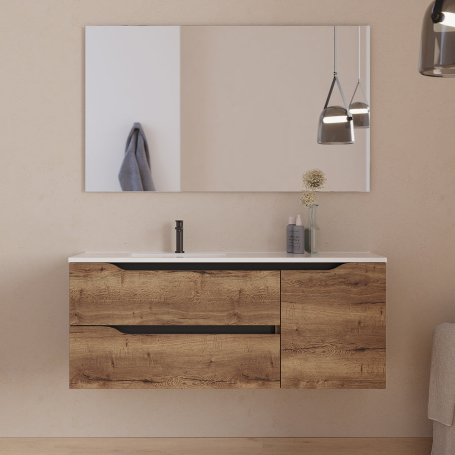 Meuble de salle de bain 120cm avec vasque déportée à gauche - sans miroir - 2 tiroirs et un placard - ZARZA