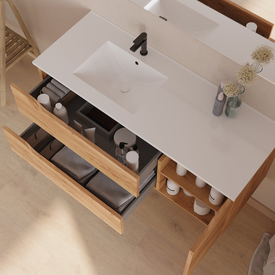 Meuble de salle de bain 120cm avec vasque déportée à gauche - sans miroir - 2 tiroirs et un placard - ZARZA