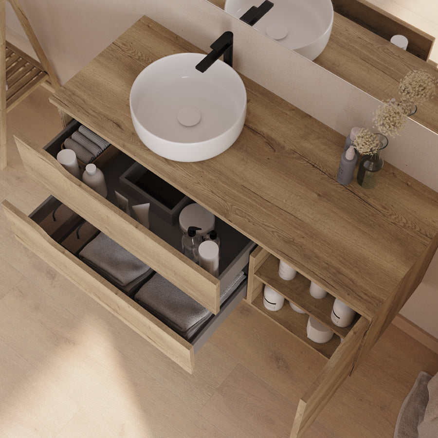Meuble de salle de bain 120cm avec plateau, vasque à poser déportée à gauche Ares et miroir - 2 tiroirs et un placard - ZARZA