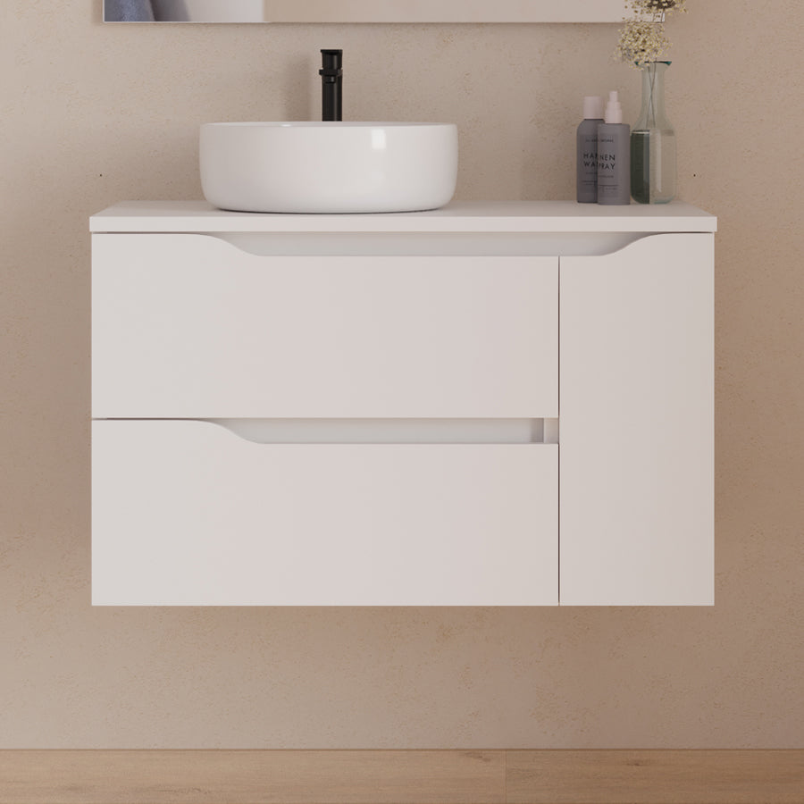 Meuble de salle de bain 80cm avec plateau et vasque à poser déportée à gauche Ares et miroir - 2 tiroirs et un placard - ZARZA
