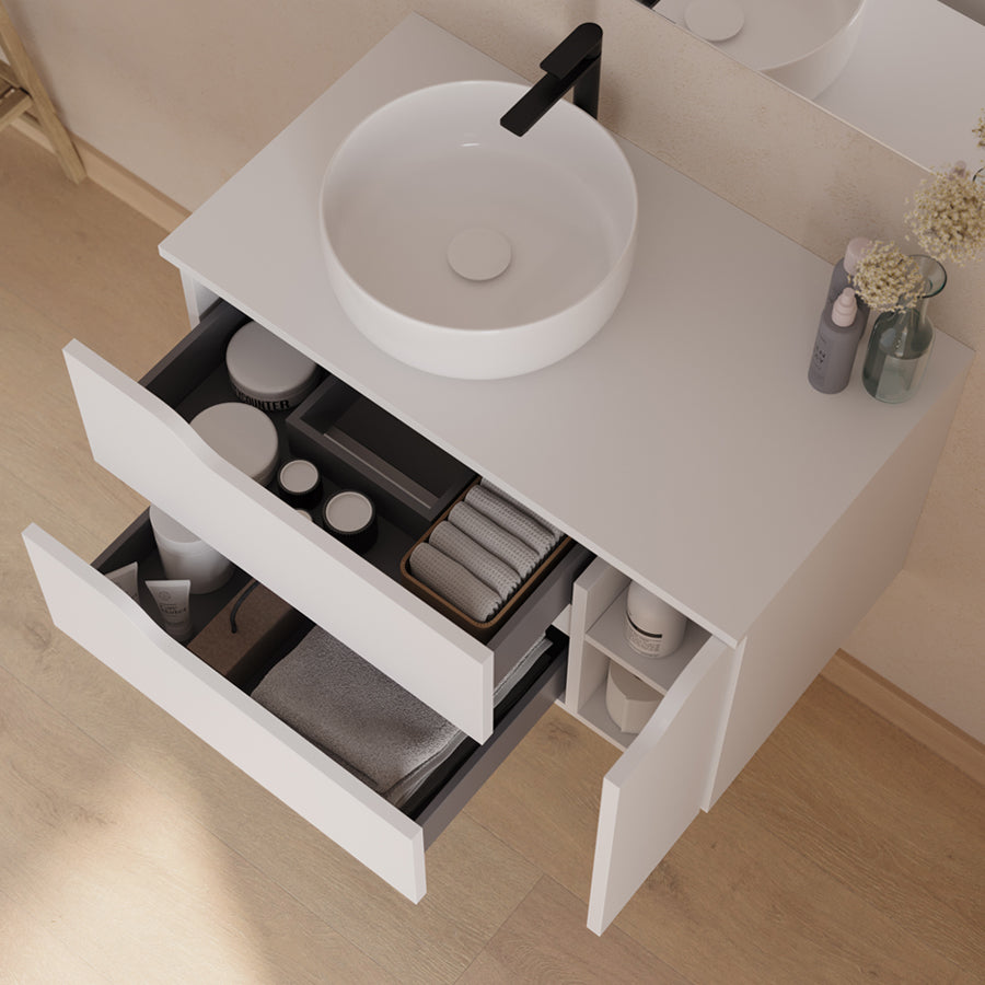 Meuble de salle de bain 80cm avec plateau et vasque à poser déportée à gauche Ares et miroir - 2 tiroirs et un placard - ZARZA