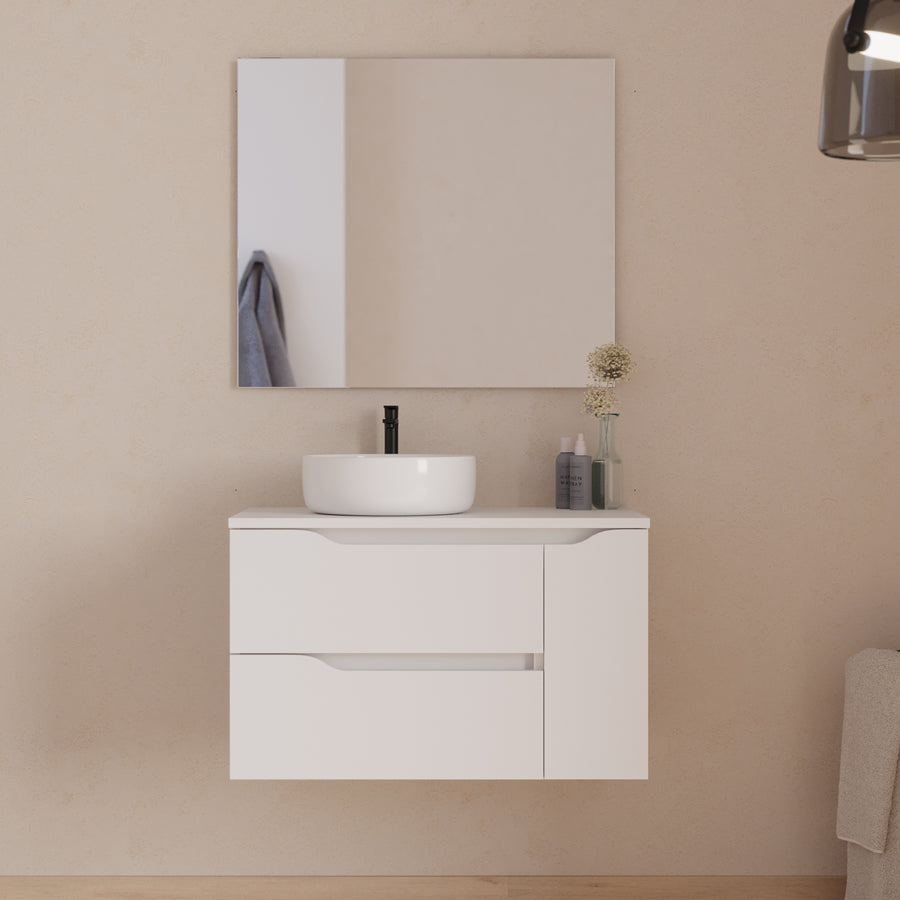 Meuble de salle de bain 80cm avec plateau et vasque à poser déportée à gauche Ares et miroir - 2 tiroirs et un placard - ZARZA