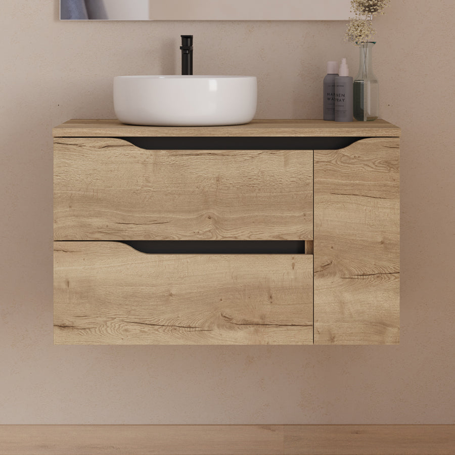 Meuble de salle de bain 80cm avec plateau et vasque à poser déportée à gauche Ares et miroir - 2 tiroirs et un placard - ZARZA