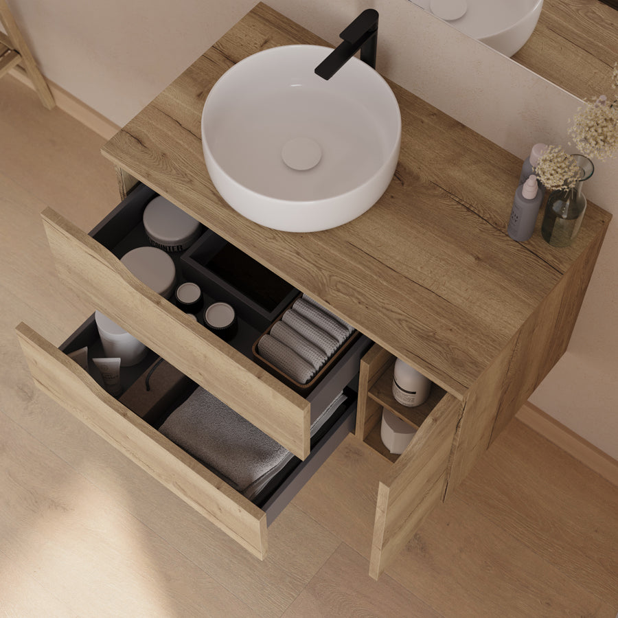 Meuble de salle de bain 80cm avec plateau et vasque à poser déportée à gauche Ares et miroir - 2 tiroirs et un placard - ZARZA