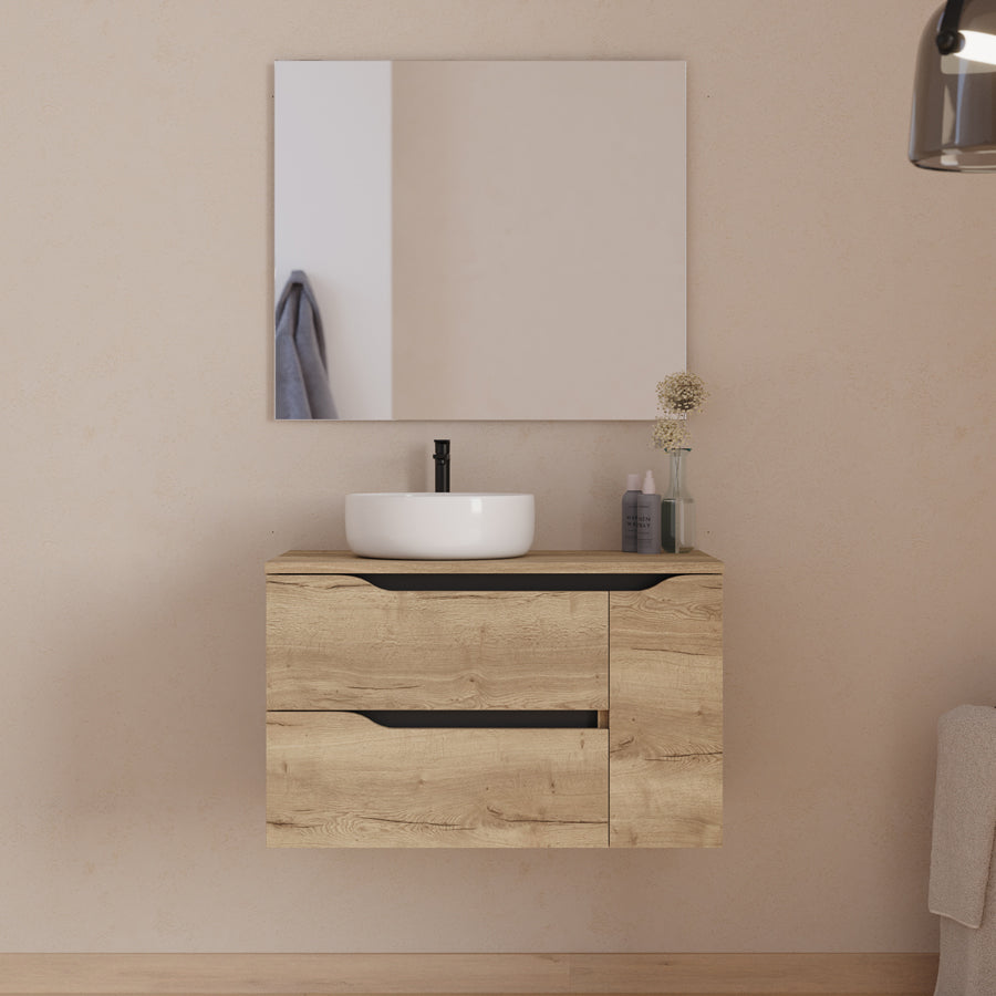 Meuble de salle de bain 80cm avec plateau et vasque à poser déportée à gauche Ares et miroir - 2 tiroirs et un placard - ZARZA
