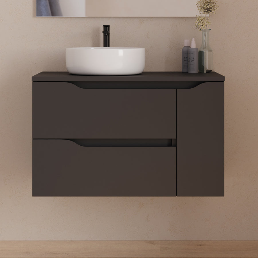 Meuble de salle de bain 80cm avec plateau et vasque à poser déportée à gauche Ares et miroir - 2 tiroirs et un placard - ZARZA