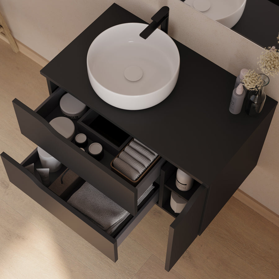 Meuble de salle de bain 80cm avec plateau et vasque à poser déportée à gauche Ares et miroir - 2 tiroirs et un placard - ZARZA