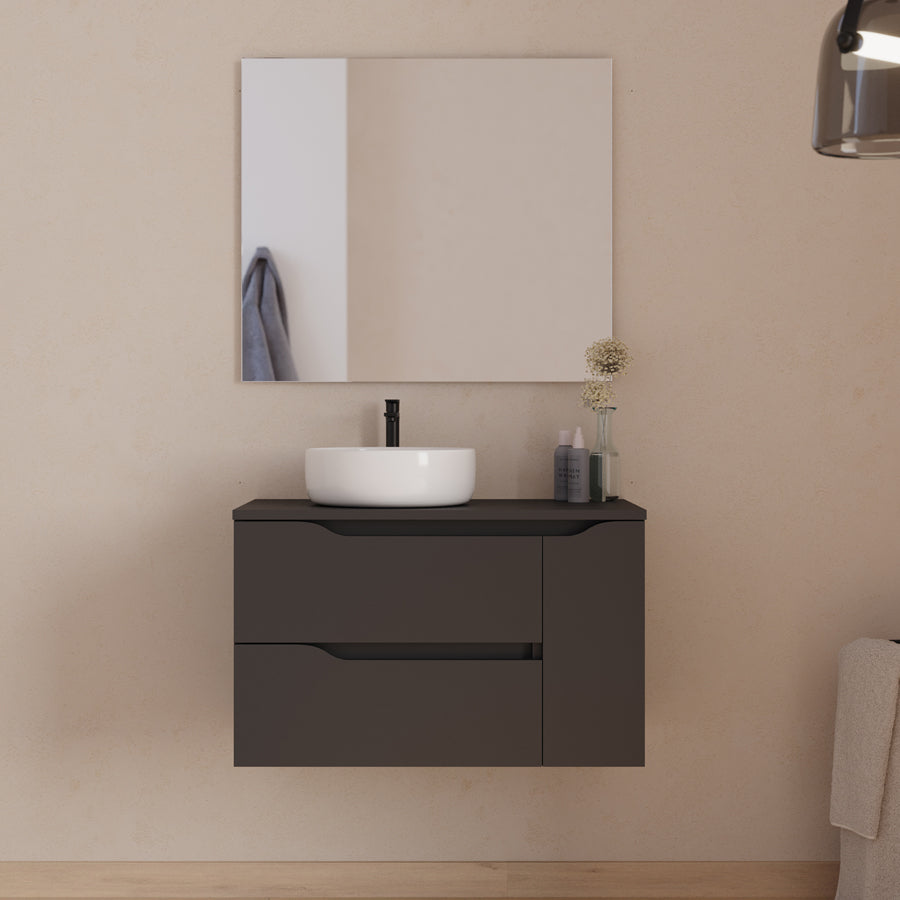 Meuble de salle de bain 80cm avec plateau et vasque à poser déportée à gauche Ares et miroir - 2 tiroirs et un placard - ZARZA