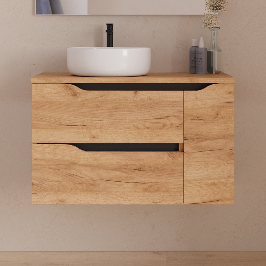 Meuble de salle de bain 80cm avec plateau et vasque à poser déportée à gauche Ares et miroir - 2 tiroirs et un placard - ZARZA