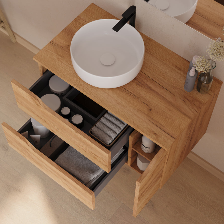 Meuble de salle de bain 80cm avec plateau et vasque à poser déportée à gauche Ares et miroir - 2 tiroirs et un placard - ZARZA