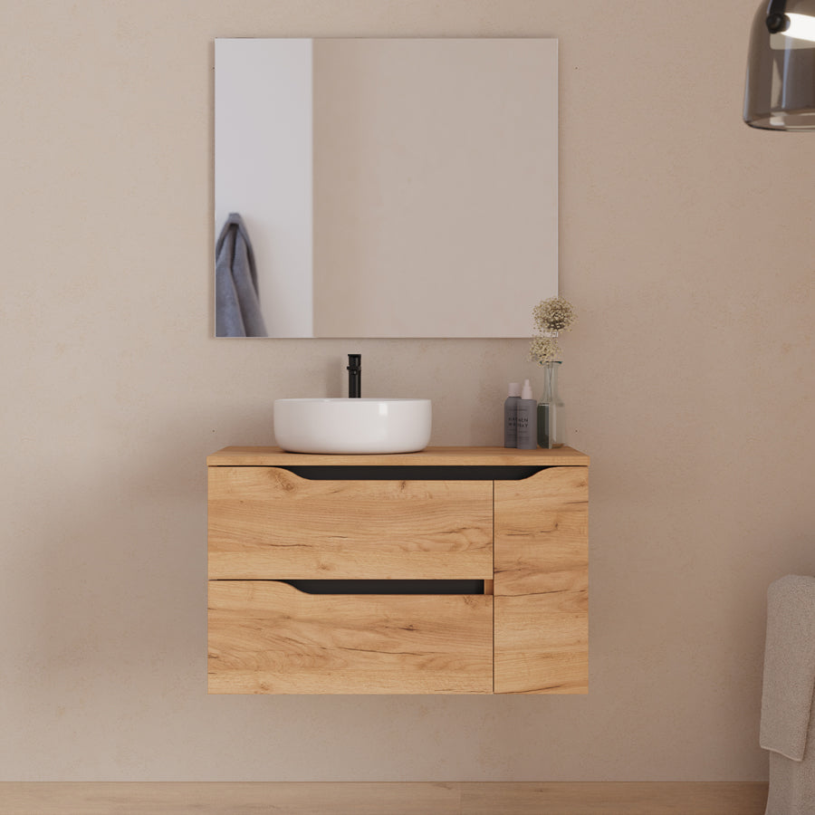 Meuble de salle de bain 80cm avec plateau et vasque à poser déportée à gauche Ares et miroir - 2 tiroirs et un placard - ZARZA