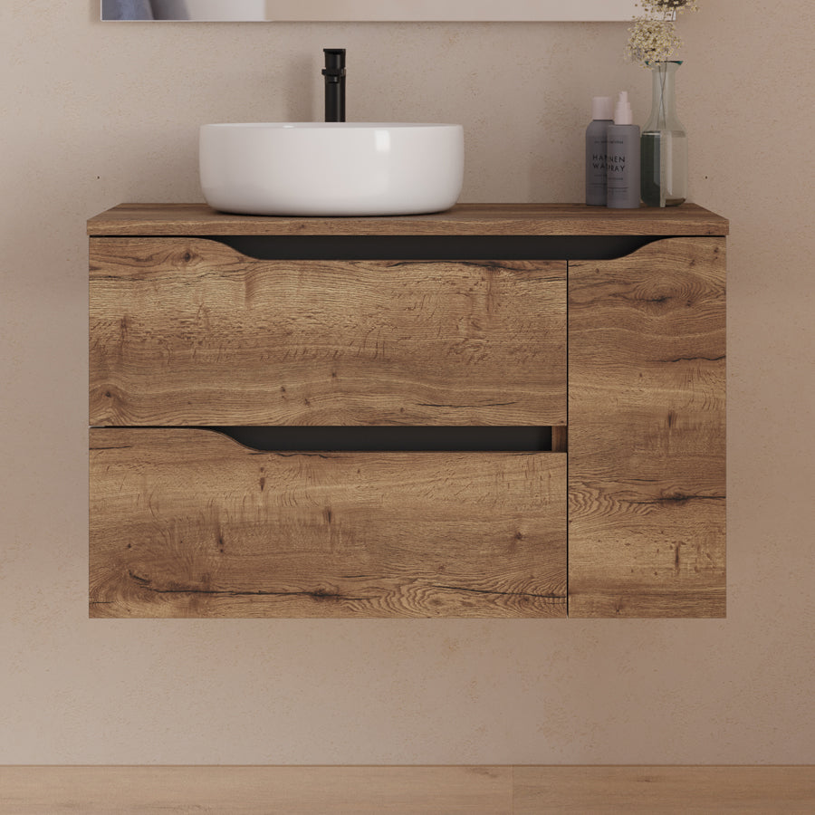 Meuble de salle de bain 80cm avec plateau et vasque à poser déportée à gauche Ares et miroir - 2 tiroirs et un placard - ZARZA