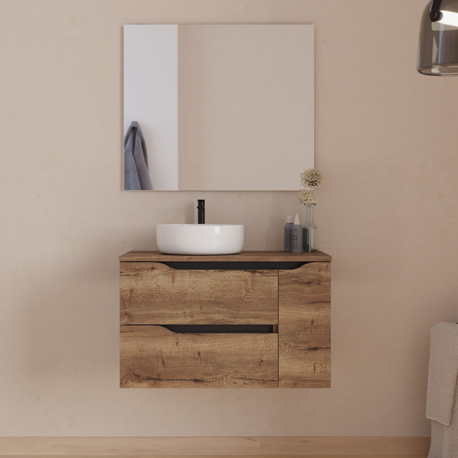 Meuble de salle de bain 80cm avec plateau et vasque à poser déportée à gauche Ares et miroir - 2 tiroirs et un placard - ZARZA