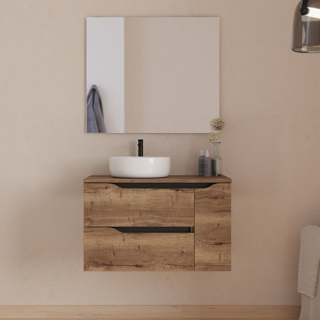 Meuble de salle de bain 80cm avec plateau et vasque à poser déportée à gauche Ares et miroir - 2 tiroirs et un placard - ZARZA