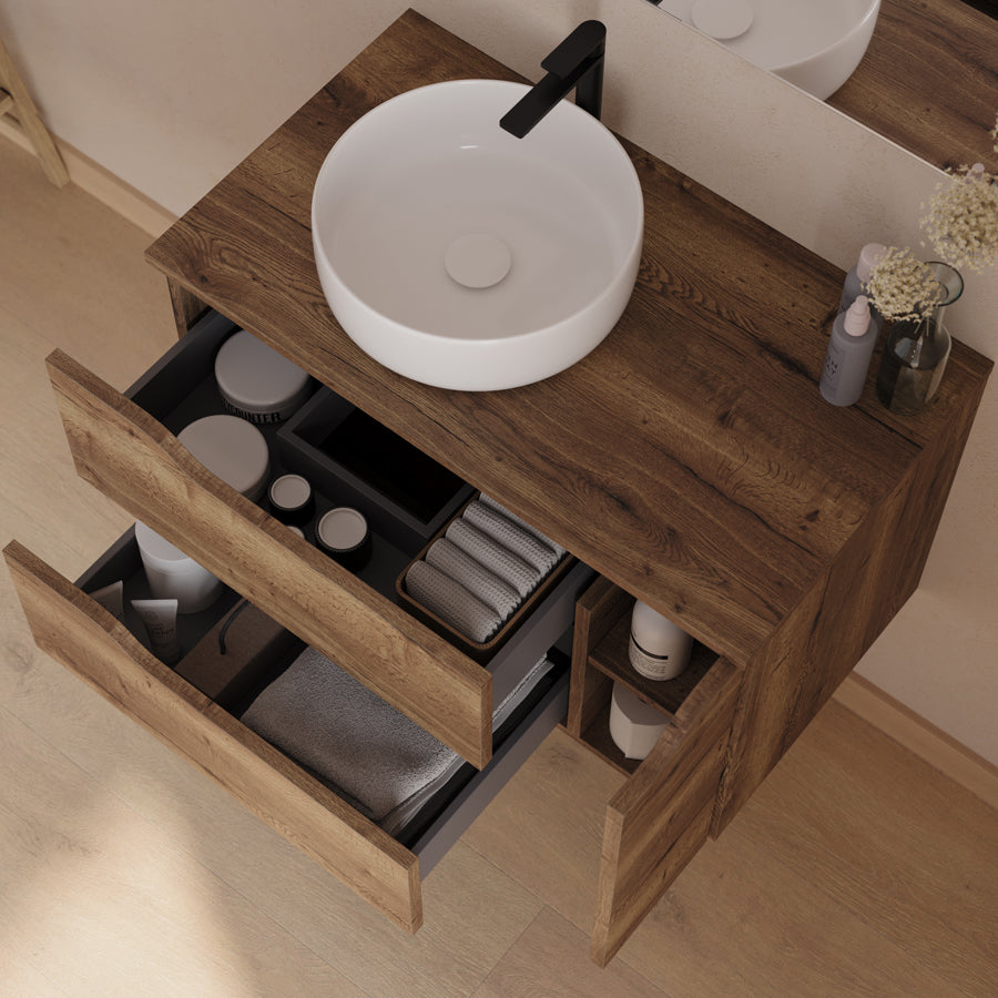 Meuble de salle de bain 80cm avec plateau et vasque à poser déportée à gauche Ares et miroir - 2 tiroirs et un placard - ZARZA