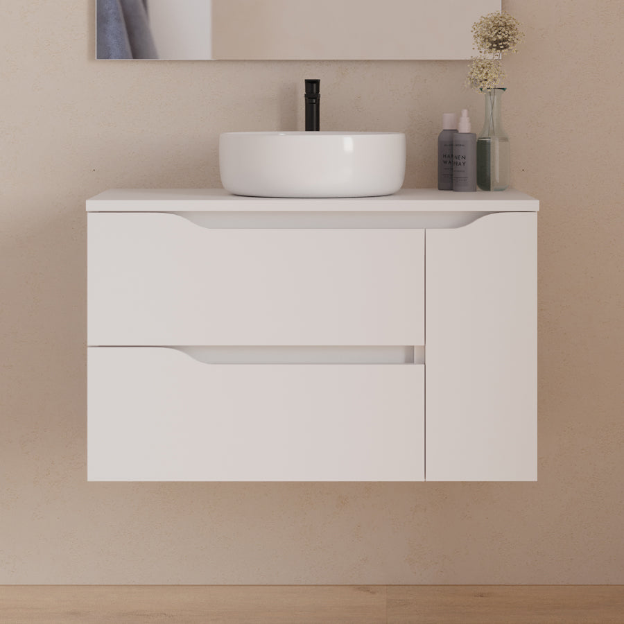 Meuble de salle de bain 80cm avec plateau, vasque centrée à poser Ares et miroir - 2 tiroirs et un placard - ZARZA