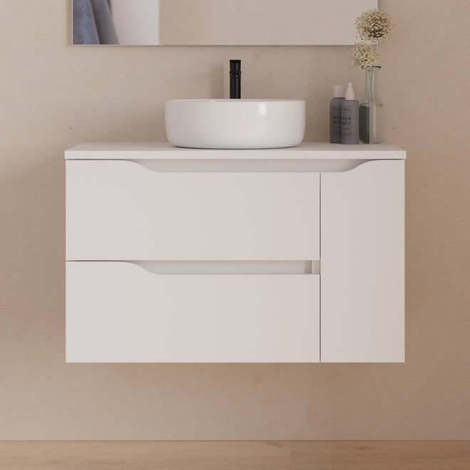 Meuble de salle de bain 80cm avec plateau et vasque à poser centrée Ares - sans miroir - 2 tiroirs et un placard - ZARZA