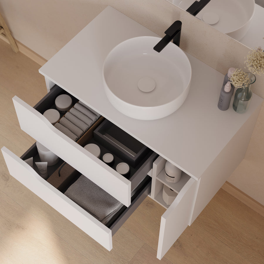 Meuble de salle de bain 80cm avec plateau, vasque centrée à poser Ares et miroir - 2 tiroirs et un placard - ZARZA
