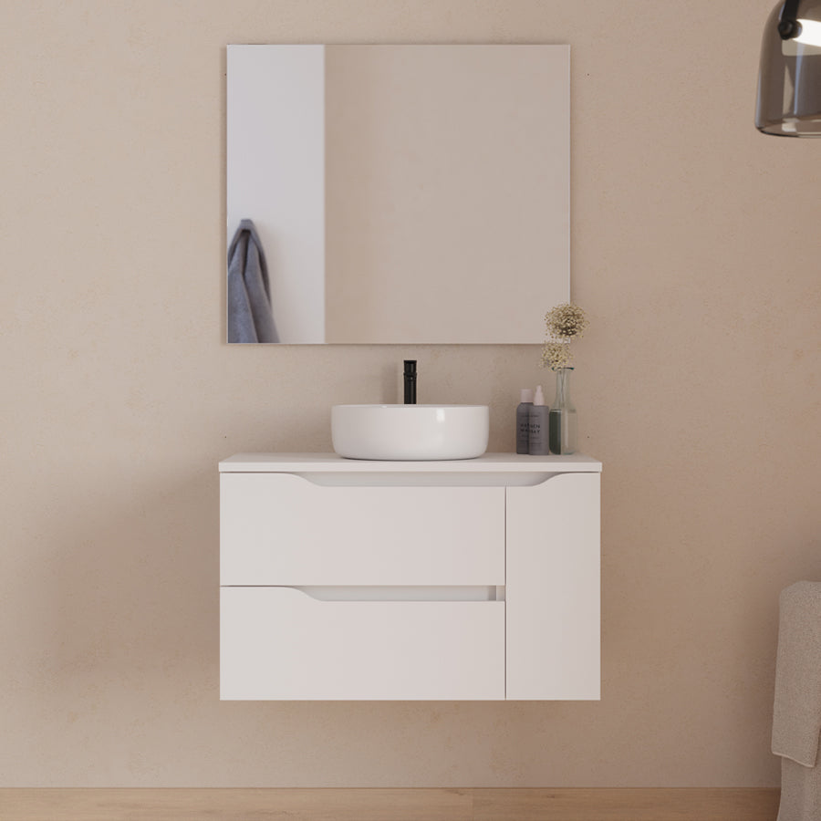 Meuble de salle de bain 80cm avec plateau, vasque centrée à poser Ares et miroir - 2 tiroirs et un placard - ZARZA
