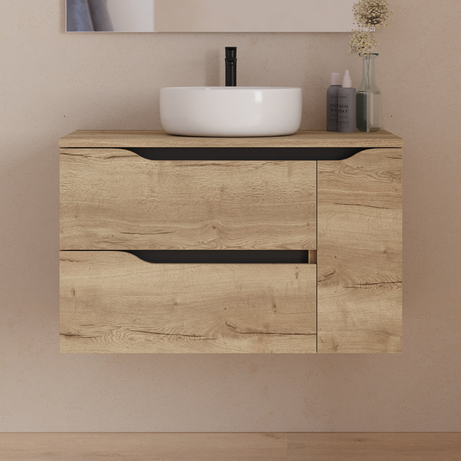 Meuble de salle de bain 80cm avec plateau, vasque centrée à poser Ares et miroir - 2 tiroirs et un placard - ZARZA