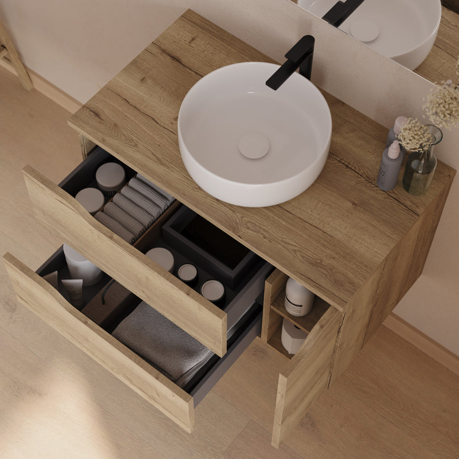 Meuble de salle de bain 80cm avec plateau, vasque centrée à poser Ares et miroir - 2 tiroirs et un placard - ZARZA