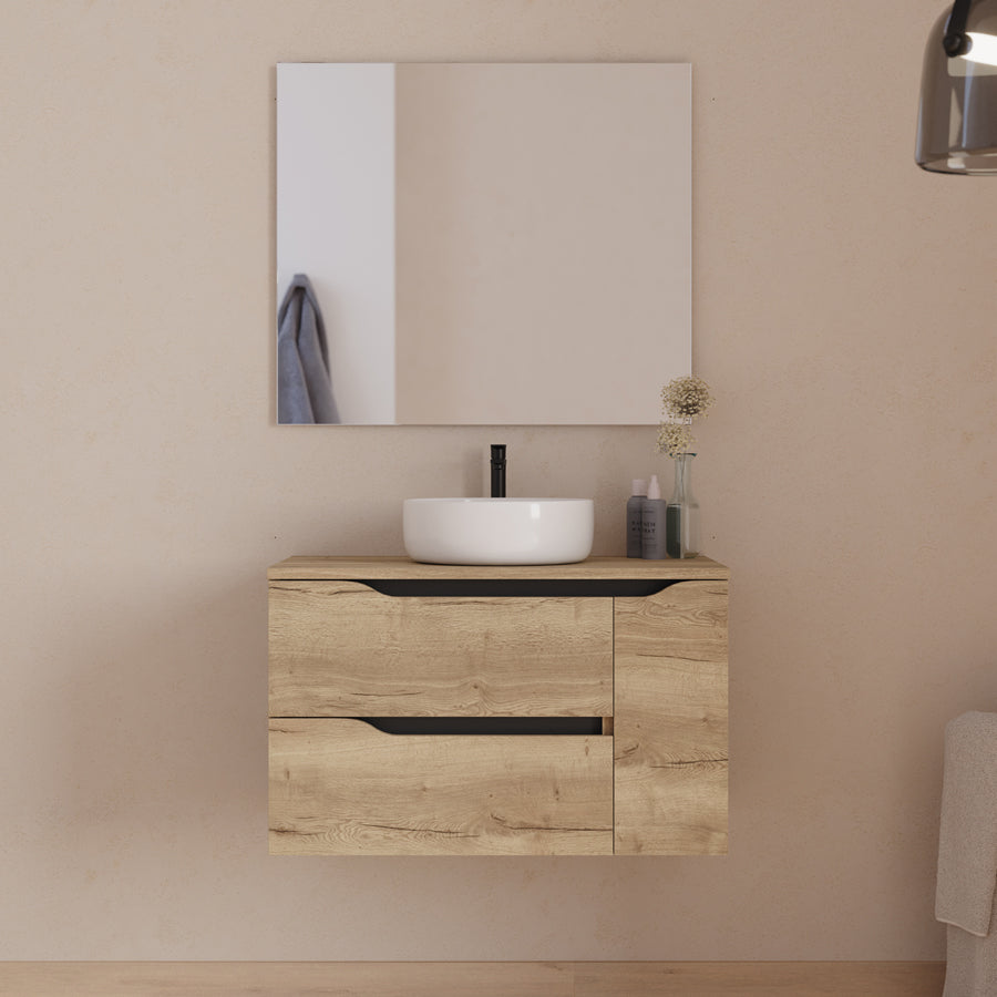 Meuble de salle de bain 80cm avec plateau, vasque centrée à poser Ares et miroir - 2 tiroirs et un placard - ZARZA
