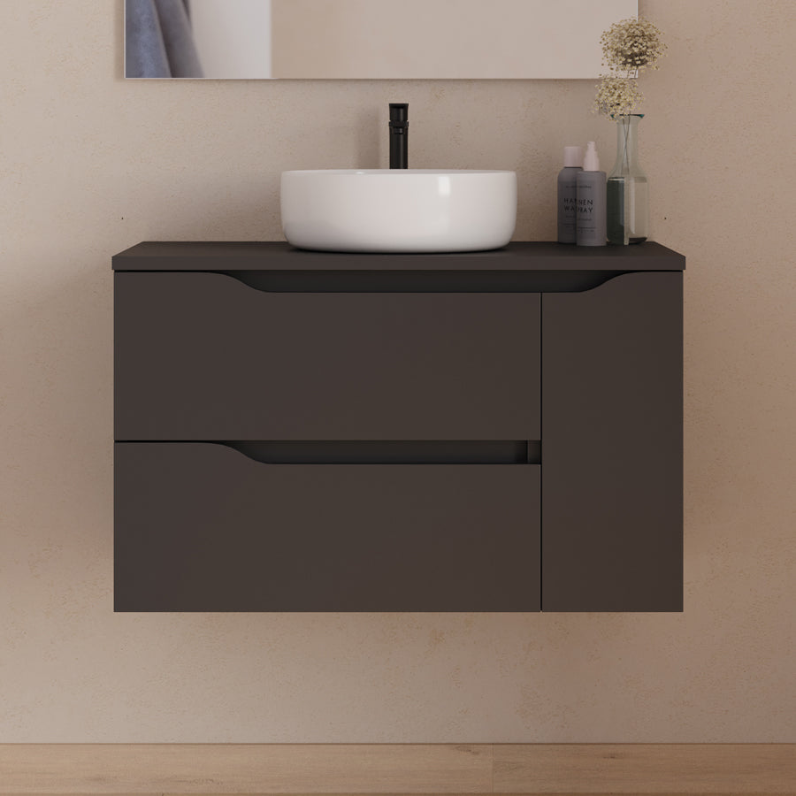 Meuble de salle de bain 80cm avec plateau, vasque centrée à poser Ares et miroir - 2 tiroirs et un placard - ZARZA