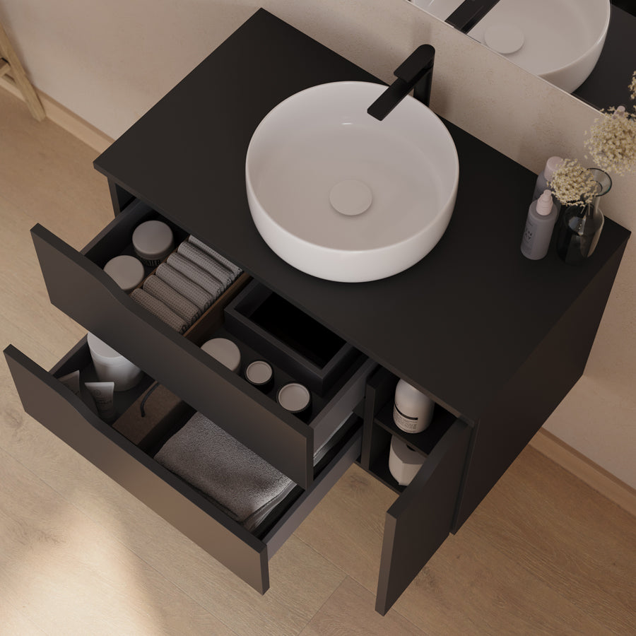 Meuble de salle de bain 80cm avec plateau, vasque centrée à poser Ares et miroir - 2 tiroirs et un placard - ZARZA