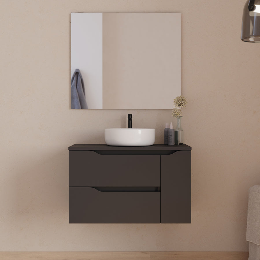 Meuble de salle de bain 80cm avec plateau, vasque centrée à poser Ares et miroir - 2 tiroirs et un placard - ZARZA