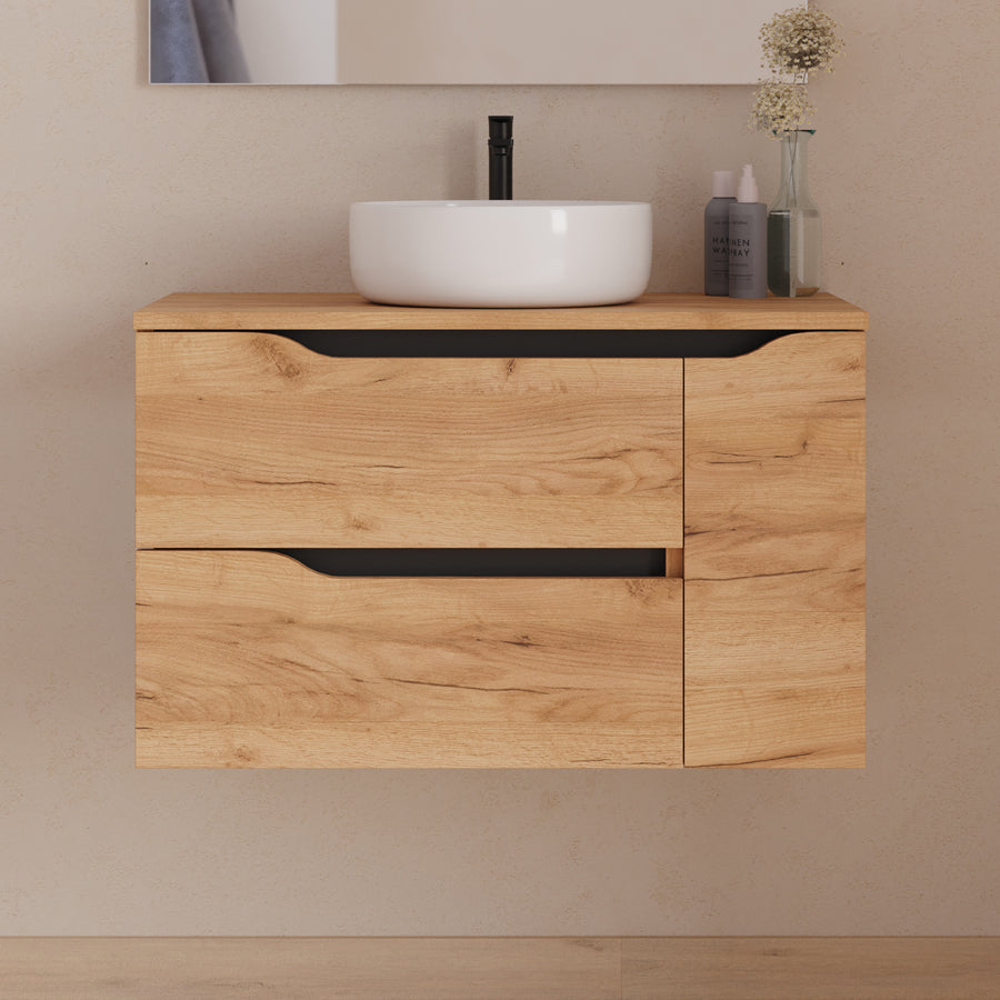 Meuble de salle de bain 80cm avec plateau, vasque centrée à poser Ares et miroir - 2 tiroirs et un placard - ZARZA