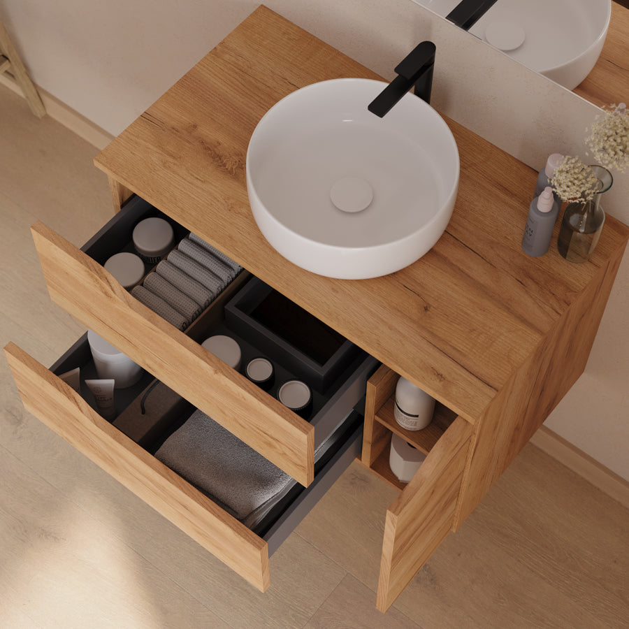Meuble de salle de bain 80cm avec plateau, vasque centrée à poser Ares et miroir - 2 tiroirs et un placard - ZARZA