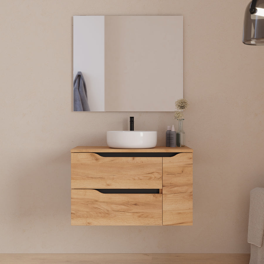 Meuble de salle de bain 80cm avec plateau, vasque centrée à poser Ares et miroir - 2 tiroirs et un placard - ZARZA