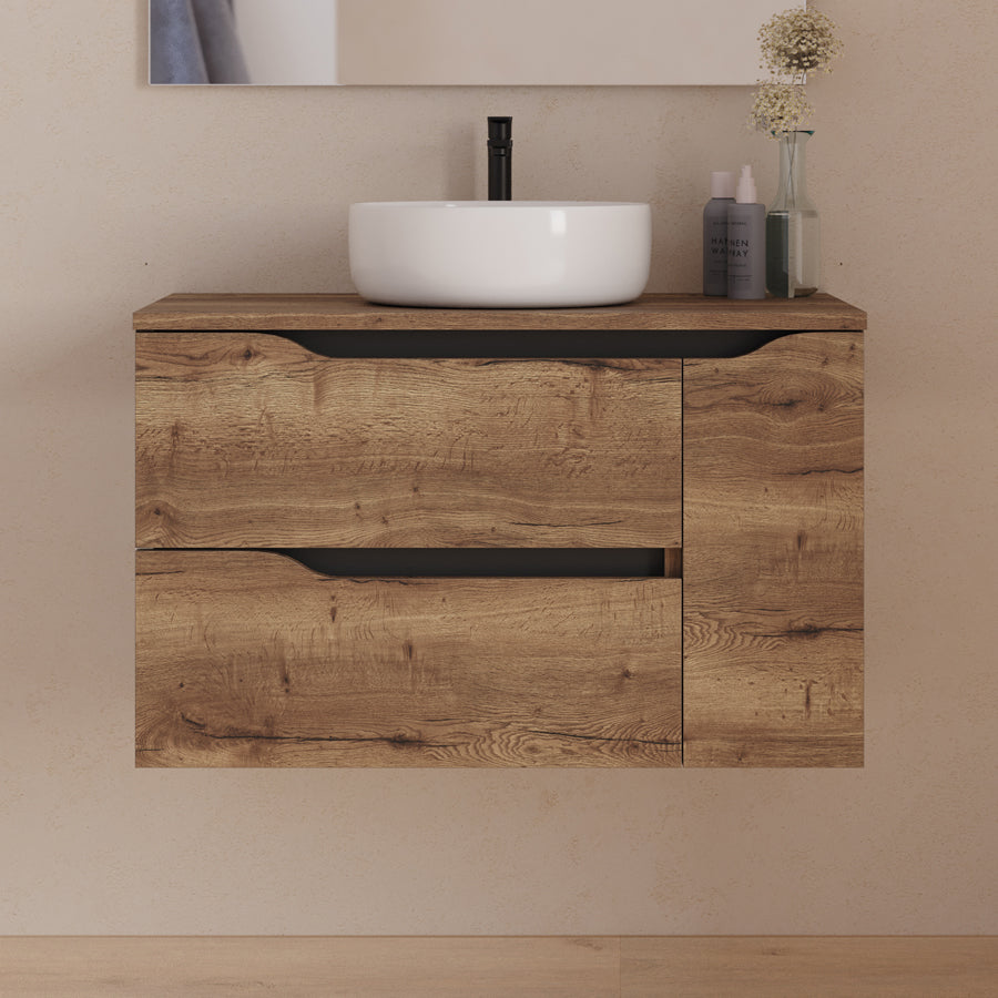 Meuble de salle de bain 80cm avec plateau, vasque centrée à poser Ares et miroir - 2 tiroirs et un placard - ZARZA