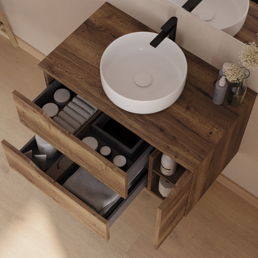 Meuble de salle de bain 80cm avec plateau, vasque centrée à poser Ares et miroir - 2 tiroirs et un placard - ZARZA