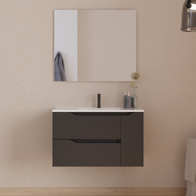 Meuble de salle de bain 80cm avec vasque centrée et miroir - 2 tiroirs et un placard - ZARZA